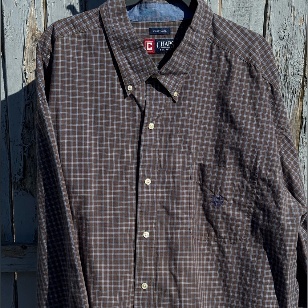 CHAPS Plaid Shirt Men’s 4XB 4TF Brown Blue Casual Shirt Long Sleeve Crest Logo